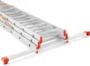 A close-up, angled shot of a closed aluminum ladder with orange protective caps on its ends and support arms. Produktbild-Vorschau