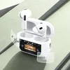 A pair of white wireless earbuds in their charging case, which has a small screen displaying music information and battery levels. The background is abstract with diagonal lines and shadows. Voir les images du produit