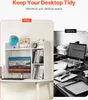A split image showing a messy desk before and an organized desk with a shelf unit after. Produktbild-Vorschau