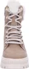 A front view of a beige women's boot with white laces and fur trim. Voir les images du produit