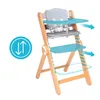 A wooden high chair with blue trays and gray seat cushion, shown with arrows indicating adjustable features. Náhled obrázku produktu