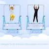 Two children, a younger boy and an older girl, are shown using a blue and silver horizontal bar. The image is split into two halves, illustrating the bar's suitability for different age groups. Náhled obrázku produktu