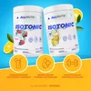 Two tubs of ALLNUTRITION Isotonic powder are shown, with fruit illustrations and icons highlighting benefits. A yellow section at the bottom contains text and icons describing product features. Produktbild-Vorschau