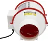 Close-up of a white and red inline duct fan. Voir les images du produit