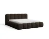 A brown upholstered bed frame with a mattress on a white background. Voir les images du produit