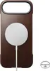 A brown leather phone case with a white circular MagSafe charger attached, shown on a white background. Anteprima dell’immagine prodotto