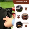 A person is cutting a black mat with scissors, with marketing graphics showing grills, ovens, and air fryers. Produktbild-Vorschau