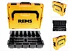 A collage of images showing a yellow REMS tool case and its internal tray. Voir les images du produit