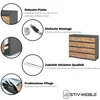 A collage of images and text detailing the features of a dresser, including close-ups of its materials, assembly components, and a shot of someone cleaning it. A rendered image of the dresser is also present. Produktbild-Vorschau