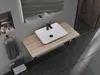 A modern bathroom sink setup with a square ceramic basin on a wooden countertop. Produktbild-Vorschau