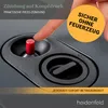 A close-up of a finger pressing a red piezo ignition button on a black gas heater, with marketing text overlays. Produktbild-Vorschau