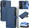 A collage of images showing a dark blue wallet-style phone case from different angles, including its interior card slots and a zipper pocket. Produktbild-Vorschau