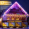 A house decorated with colorful icicle string lights at night, with four inset images showing different brightness levels. Produktbild-Vorschau
