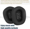 Two black ear pads for headphones, with 'L' and 'R' markings, against a white background with subtle sound wave graphics. Voir les images du produit