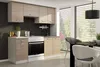 A modern kitchen unit with light wood effect cabinets and white accents, set against a dark wall and a large window with blinds. Náhľad obrázku produktu