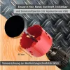 A hole saw drill bit is shown cutting a hole in a wooden surface, with a metallic background behind it. Anteprima dell’immagine prodotto