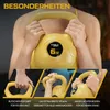 A collage of images showcasing a yellow kettlebell and its features, with text overlays. Produktbild-Vorschau