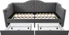 A gray upholstered daybed with two pull-out drawers shown in an open state, revealing the wooden slat support for the mattress. Anteprima dell’immagine prodotto