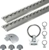 A set of tie-down tracks and fittings, including two long tracks, one large ring fitting, and several smaller fittings. Produktbild-Vorschau