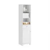 A tall, white bathroom cabinet with open shelves, a drawer, and a closed cabinet. Produktbild-Vorschau