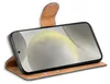 A smartphone in a brown flip case, shown from a diagonal angle. Produktbild-Vorschau