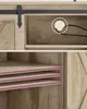 Close-up shots of a wooden TV stand, highlighting a cable management hole and shelves. Voir les images du produit