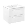 A white bathroom vanity with two drawers and a ceramic sink on top, shown against a white background. Produktbild-Vorschau