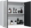 A white bathroom cabinet with two doors, one open, displaying various toiletries and cosmetic products on its shelves. Náhled obrázku produktu