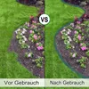 A split image showing a garden bed before and after using a flexible lawn edging. The left side shows a garden bed with grass encroaching, and the right side shows the same garden bed with a green plastic edging creating a clean separation. Náhled obrázku produktu