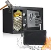 A safe is shown being broken into with a hammer, revealing stacks of money and gold bars. A pouch is shown below, with water splashes and flames surrounding it, suggesting protection. Produktbild-Vorschau