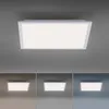 A rectangular LED ceiling light fixture is shown mounted on a gray ceiling. Below the main image, three smaller images show the same light fixture against different colored backgrounds. Produktbild-Vorschau