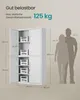 A white metal cabinet with two doors, showing dimensions and load capacity, with silhouettes of two people for scale. Produktbild-Vorschau