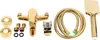 A set of gold-colored bathroom fixtures, including a faucet, shower head, hose, and mounting accessories, laid out on a white background. Podgląd zdjęcia produktu