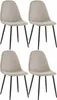 Four beige dining chairs with black legs arranged in a two-by-two grid against a white background.