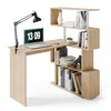 A modern wooden desk with a bookshelf attached, featuring a laptop, lamp, and books. Voir les images du produit