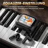 Black wireless earbuds and their charging case are placed on a piano keyboard. Produktbild-Vorschau