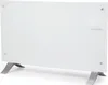 A white glass electric heater with two metal legs is shown against a white background. Náhľad obrázku produktu