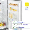 Inside of a refrigerator showing shelves with food items and bottles, along with marketing text overlays. Podgląd zdjęcia produktu