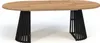 A modern oval dining table with a wooden top and black slatted legs. Voir les images du produit