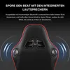 Close-up rear view of a gaming chair with integrated speakers, highlighting its features with text. Produktbild-Vorschau
