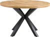 A round wooden dining table with a black metal base, photographed against a white background. Produktbild-Vorschau