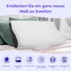 A white orthopedic pillow is shown on a bed with green pillows in the background. Below the pillow are several icons with German text describing its features. Produktbild-Vorschau