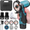 A collection of tools and accessories for a mini angle grinder, including the grinder itself, batteries, cutting discs, and a case. Produktbild-Vorschau
