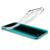 A clear, professional studio shot of a transparent phone case being placed onto a teal smartphone. Produktbild-Vorschau