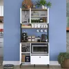 A white and wood-grain multi-purpose cabinet filled with kitchen appliances and accessories, set against a blue wall. Produktbild-Vorschau
