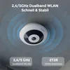 A ceiling-mounted security camera with blue signal waves emanating from it, indicating wireless connectivity. Produktbild-Vorschau