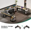 A large, modular L-shaped desk with integrated LED lighting, power outlets, and USB ports, set up in a modern office environment with multiple monitors and office chairs. The image also includes smaller inset diagrams showing the desk's reversible configur Produktbild-Vorschau
