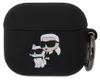 A black AirPods case with a 3D cartoon design of Karl Lagerfeld and his cat. Náhľad obrázku produktu
