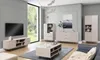 A modern living room with a TV, media console, coffee table, and storage units. Produktbild-Vorschau