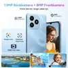 A light blue smartphone is shown with various feature callouts and example photos. Produktbild-Vorschau